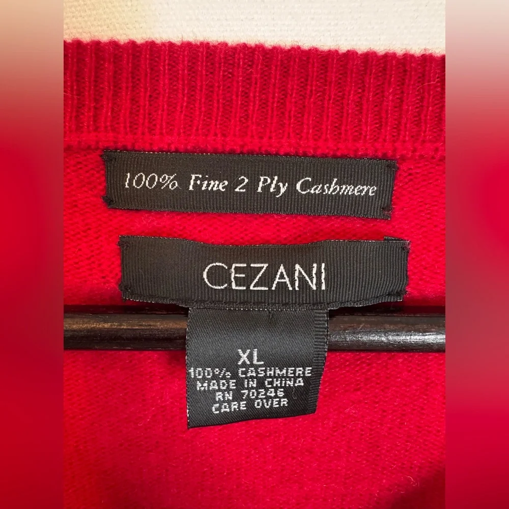 Cezani mens sz XL 100% fine 2 ply cashmere V neck sweater Red‎ Party Festive